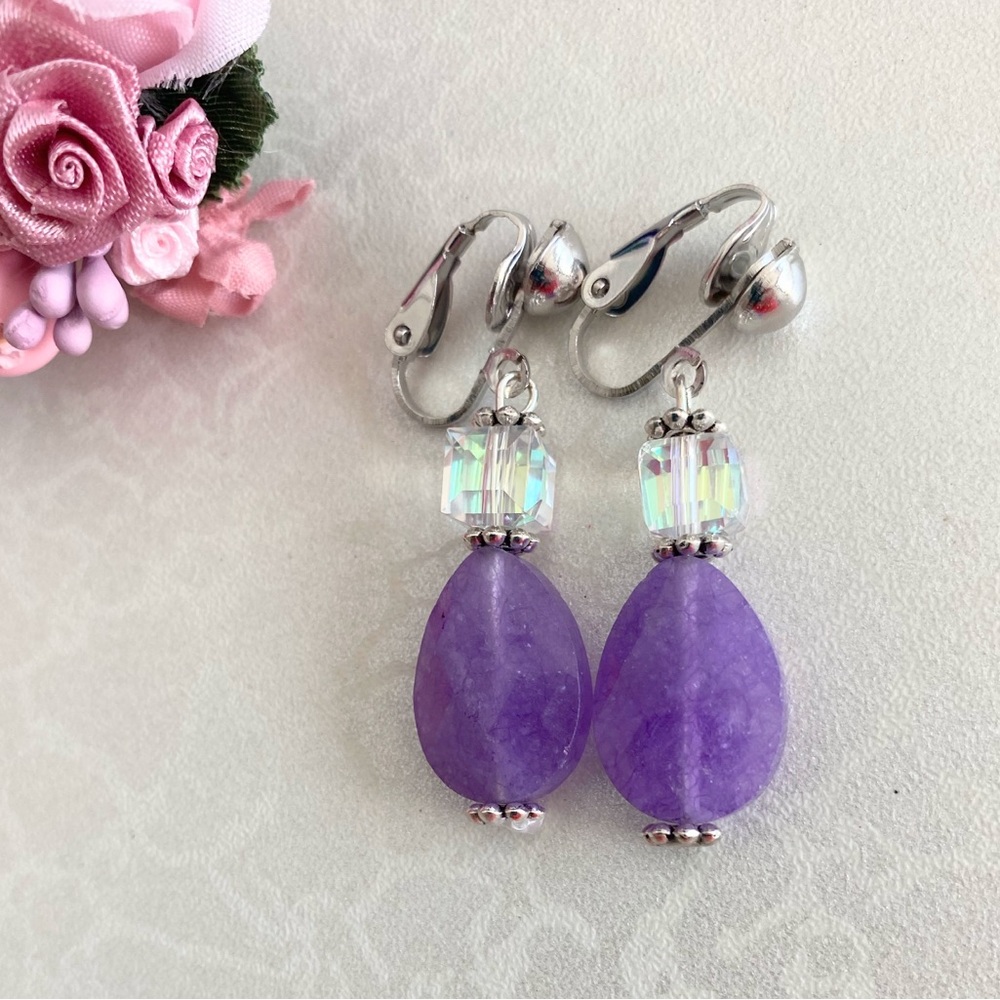 Purple Chalcedony Teardrop Clip-On Earrings with Iridescent Crystal Accent